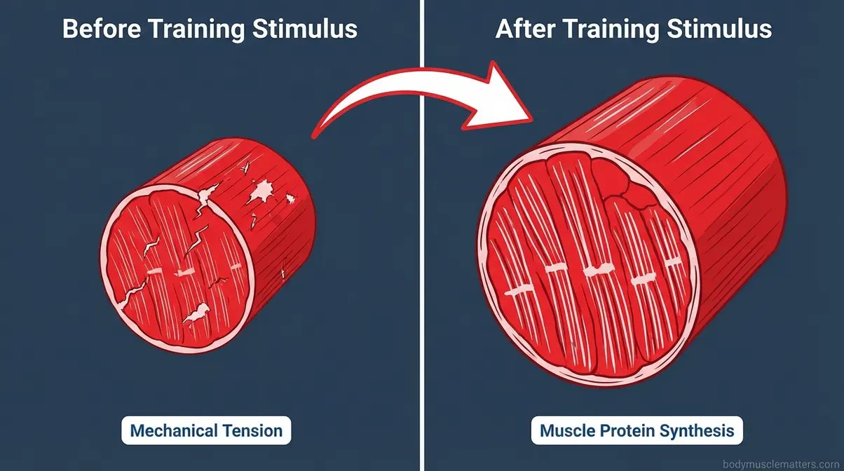 Muscle fiber repair diagram showing how progressive overload drives hypertrophy through protein synthesis