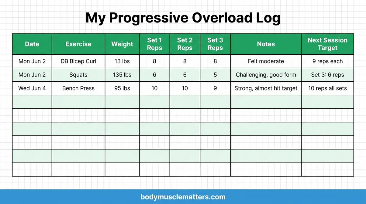 Beginner progressive overload workout log template for tracking weight and reps