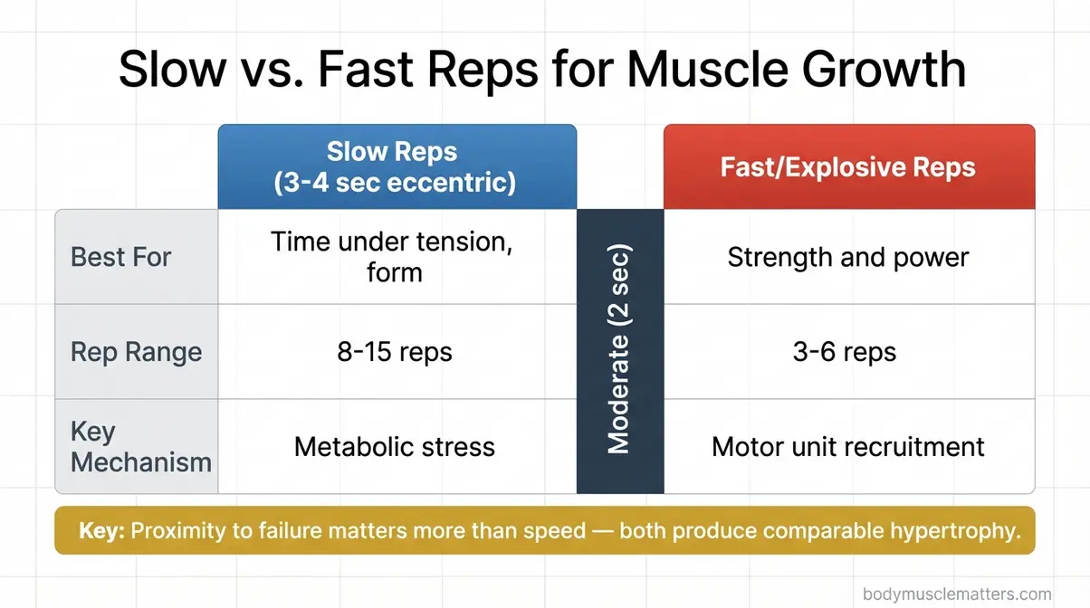 Slow reps vs fast reps for muscle growth comparison chart showing hypertrophy outcomes by tempo