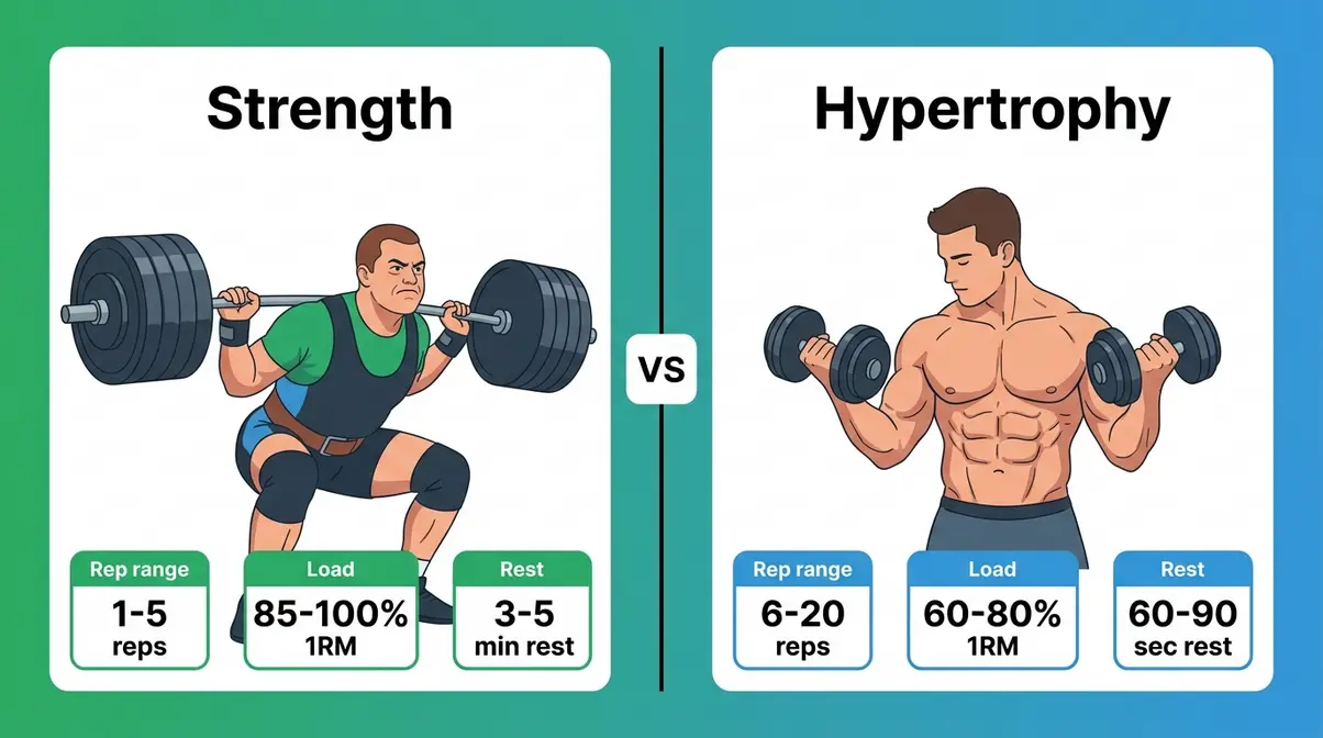 Strength training vs hypertrophy training comparison showing rep ranges, load percentages, and rest periods