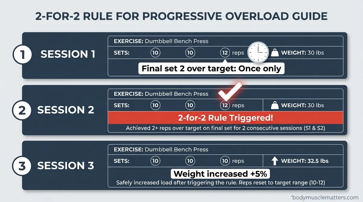 2-for-2 rule workout progression diagram showing when to increase weight in progressive overload training