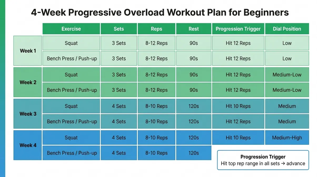 4-week beginner progressive overload plan chart showing sets, reps, rest, and weekly progression for squat, bench, row, and curl