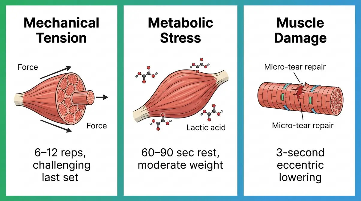 Three mechanisms of muscle growth diagram: mechanical tension, metabolic stress, and muscle damage for hypertrophy training