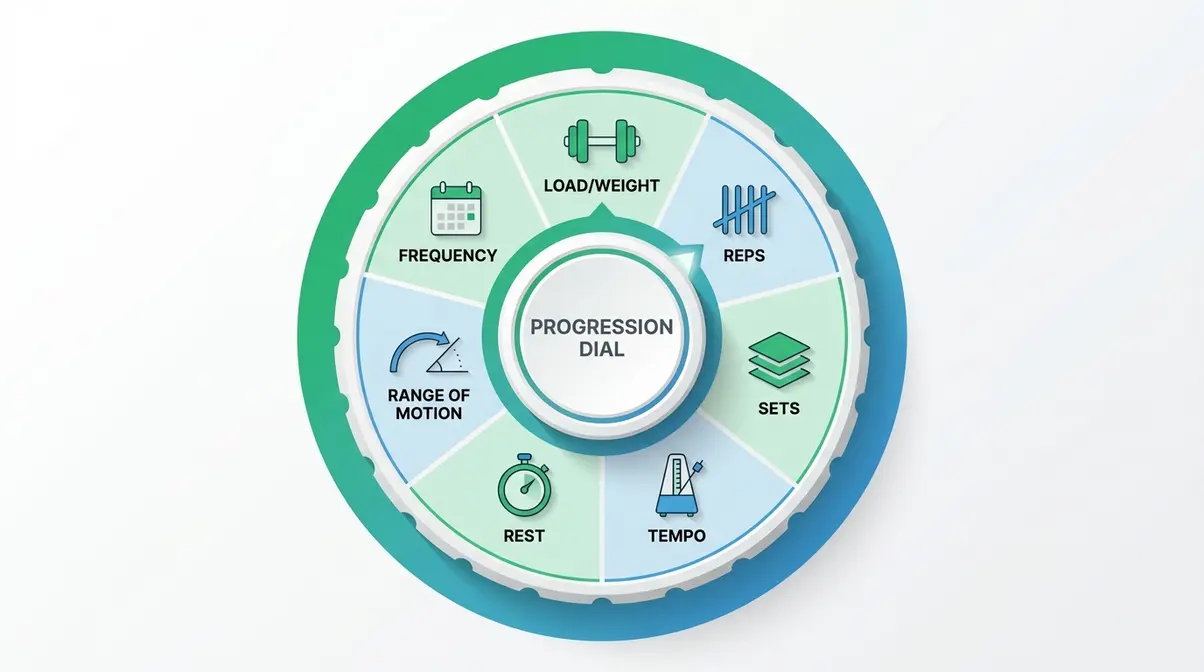 Progression Dial infographic showing 7 progressive overload methods: load, reps, sets, tempo, rest, range of motion, frequency