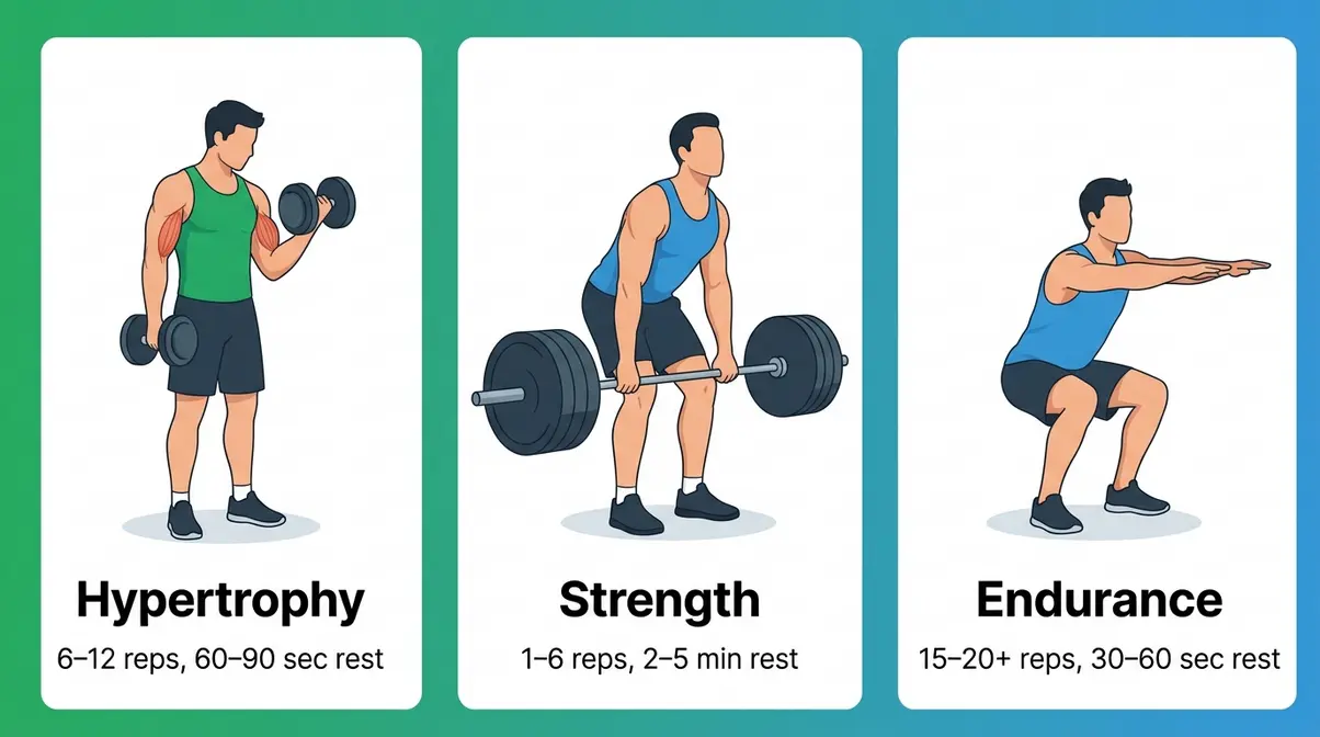 Comparison illustration of hypertrophy, strength, and endurance training showing rep ranges and rest periods for progressive overload