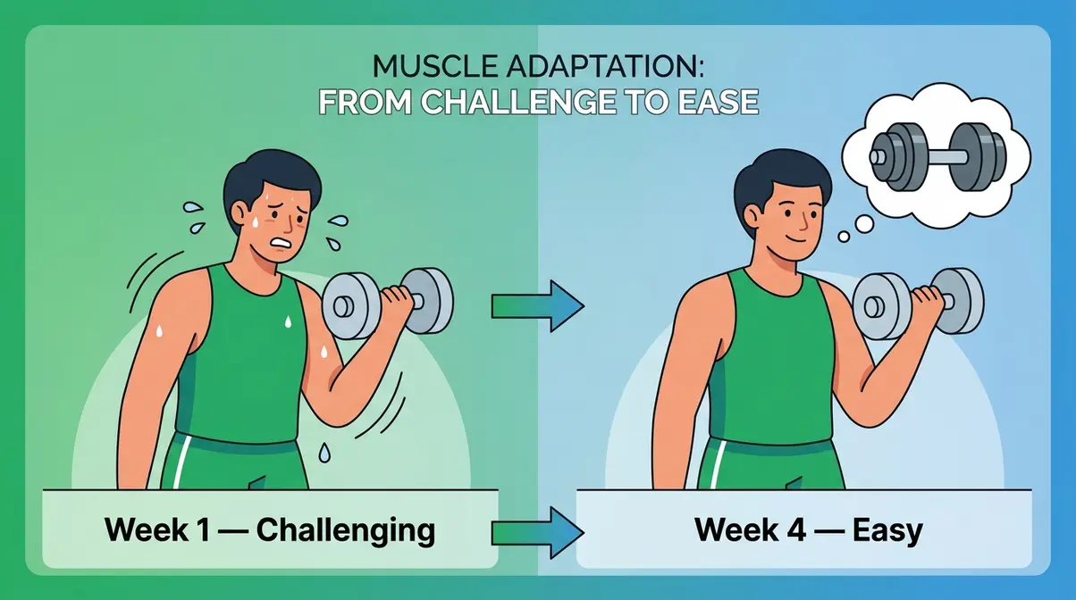 Illustration showing muscle adaptation over time — same weight feels easy after consistent progressive overload training