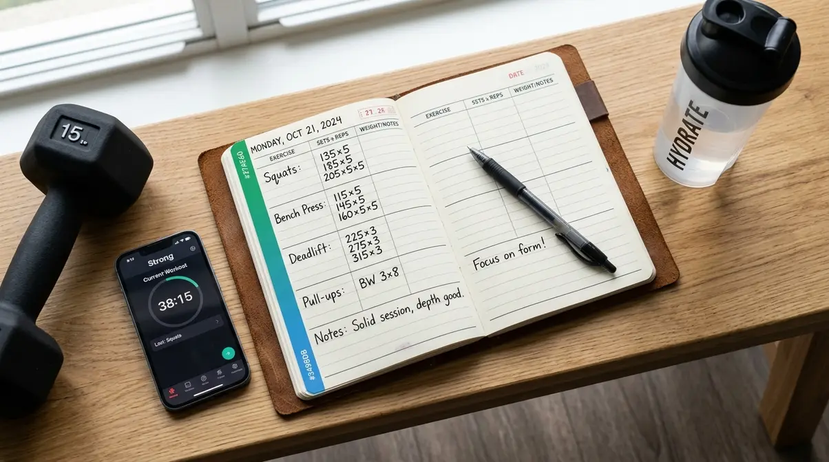Gym training journal with handwritten workout log showing sets, reps, and weights for a progressive overload plan