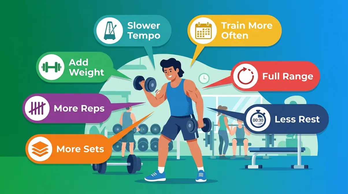 Seven ways to apply progressive overload illustrated with callouts: weight, reps, sets, tempo, rest, range of motion, frequency