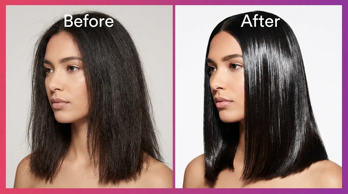 Glass hair prom look 2026 before and after comparison showing ultra polished mirror finish