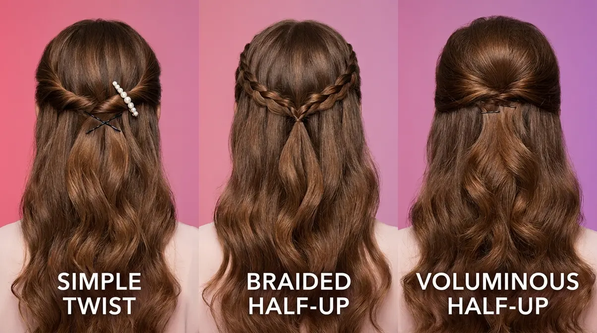 Half up half down prom hair variations 2026 showing simple twist, braided and voluminous styles