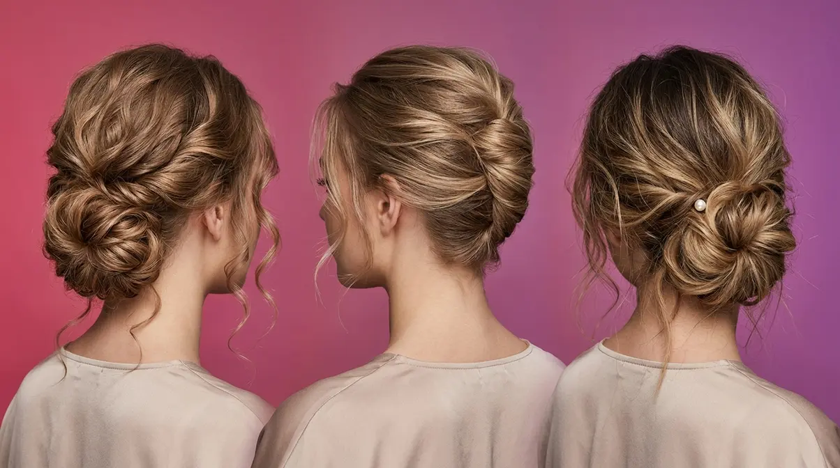 Prom up styles 2026 showing romantic low bun, modern French twist, and textured chignon