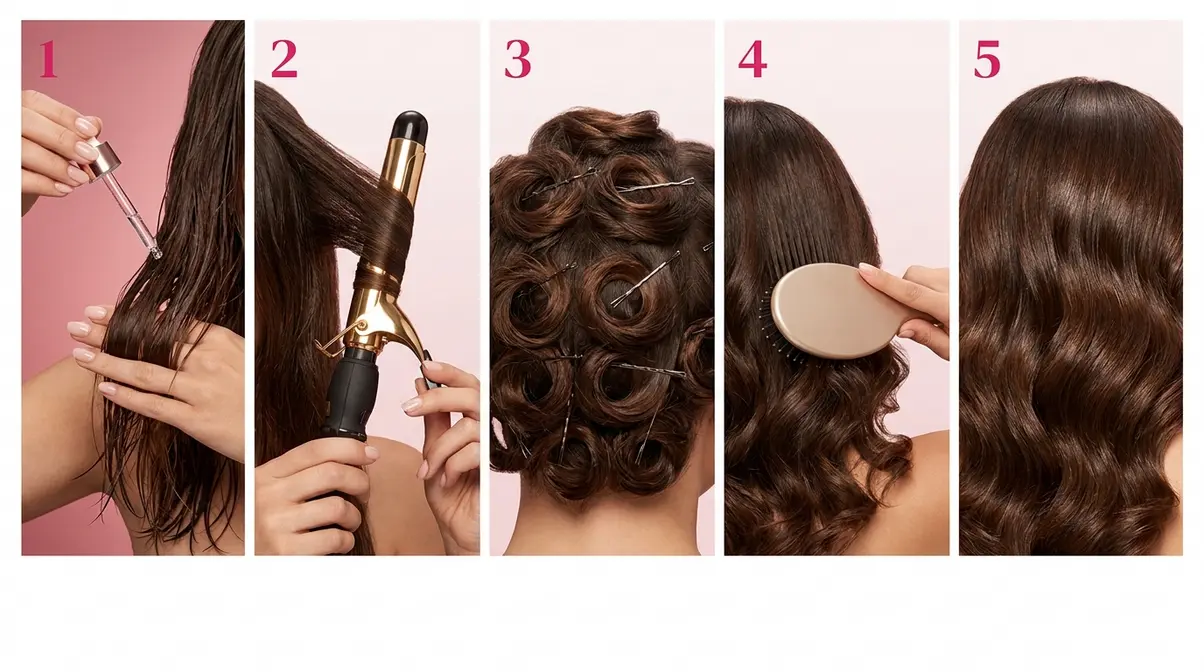 Soft glam waves prom hair step by step tutorial showing five stages of the styling process