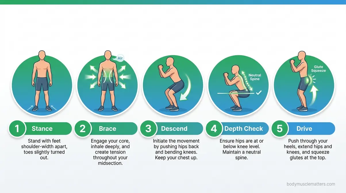 Proper squat form five-step beginner checklist infographic for the air squat