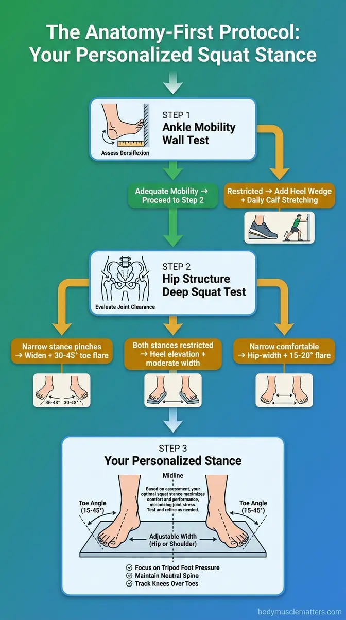 Flowchart showing ankle mobility test and hip structure test results leading to personalized proper squat form stance recommendations