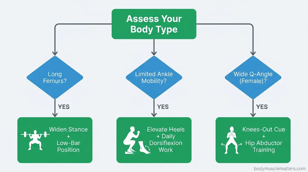 Anatomy-first squat body type adjustment flowchart for beginners showing femur and mobility decisions