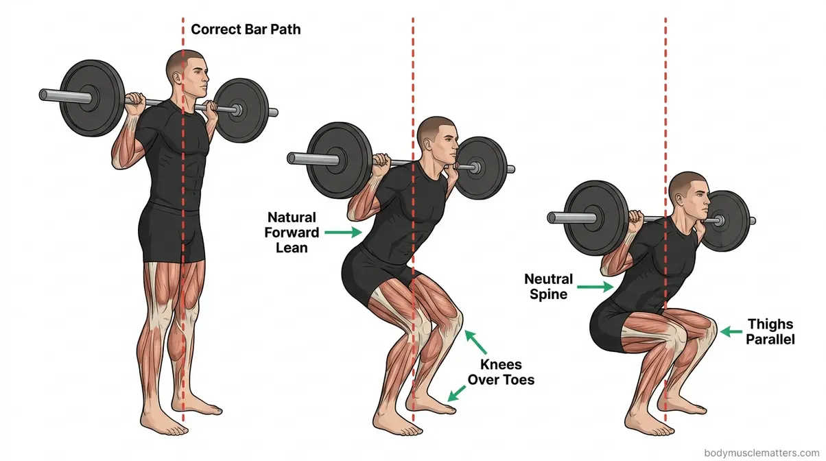 Barbell squat proper form side-view diagram showing correct vertical bar path over mid-foot