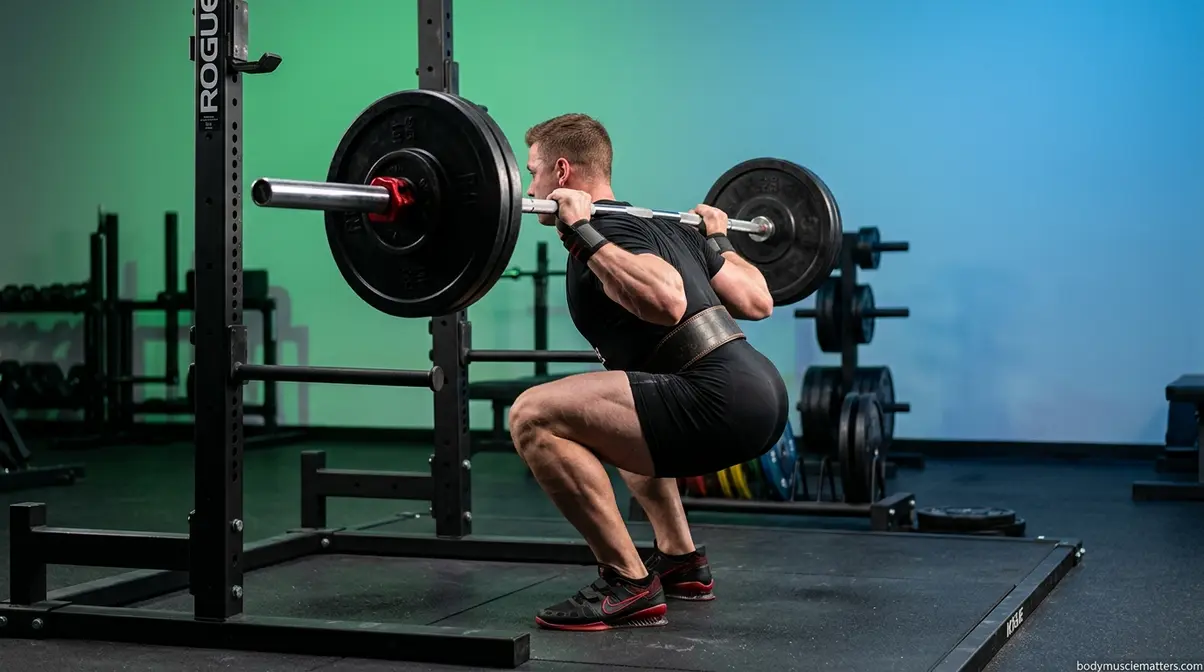 Barbell back squat proper form showing high-bar position neutral spine and parallel depth