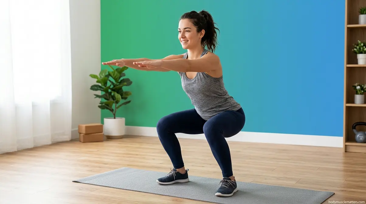 Beginner performing bodyweight air squat with arms extended as counterbalance for proper form