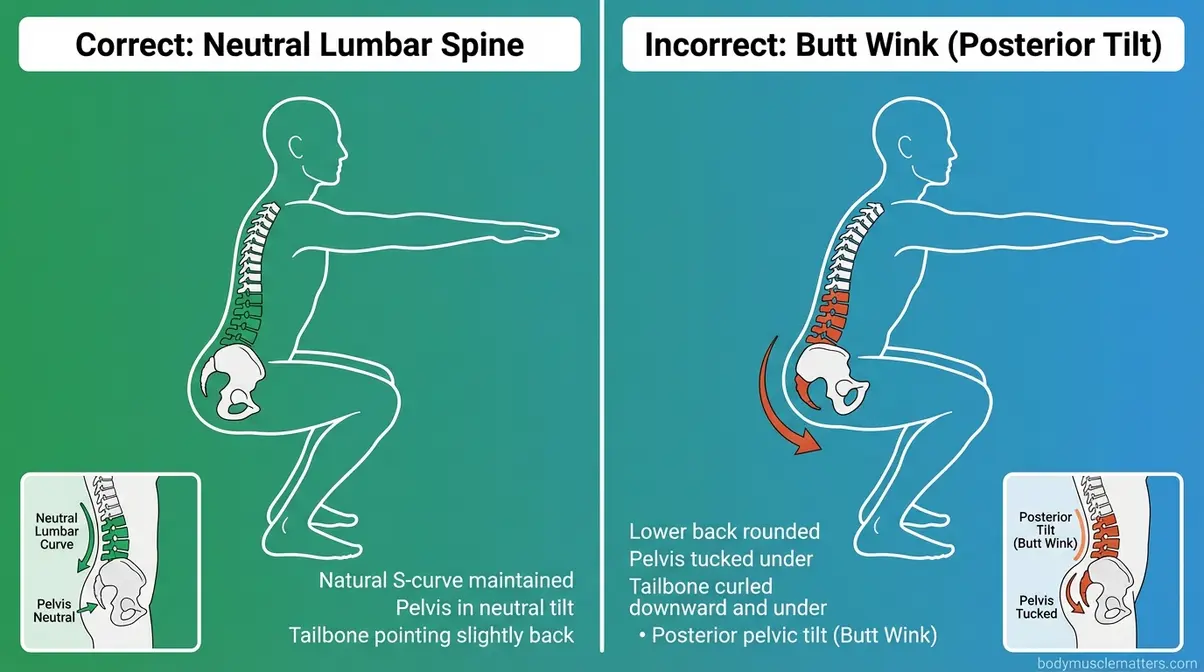 Side-profile squat diagram comparing neutral lumbar spine versus butt wink posterior pelvic tilt at squat depth