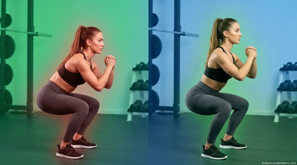 Common squat mistakes comparison showing knee valgus and rounded back versus correct form