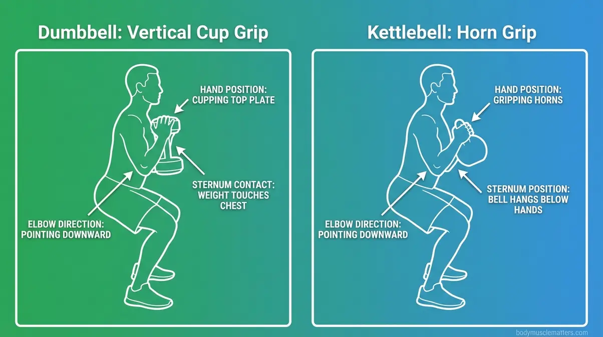 Two-panel infographic showing proper goblet squat grip for dumbbell vertical hold and kettlebell horn grip with upright torso