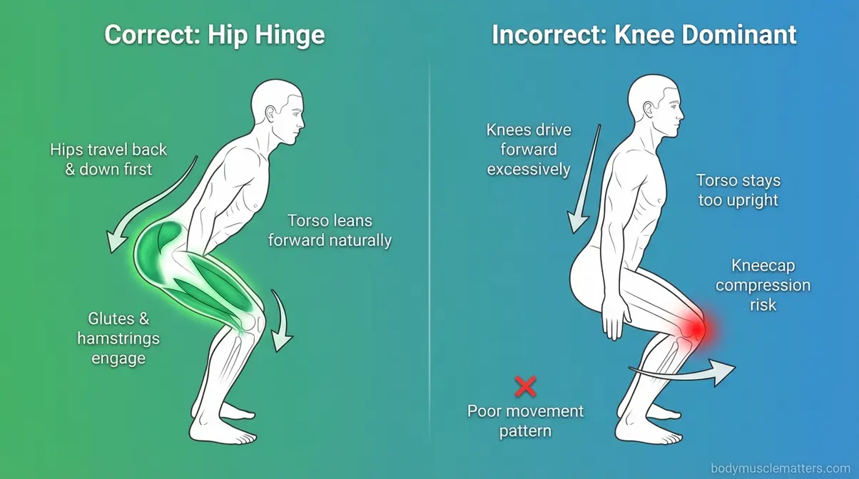 Side-by-side infographic comparing proper squat form hip hinge initiation versus incorrect knee-dominant descent