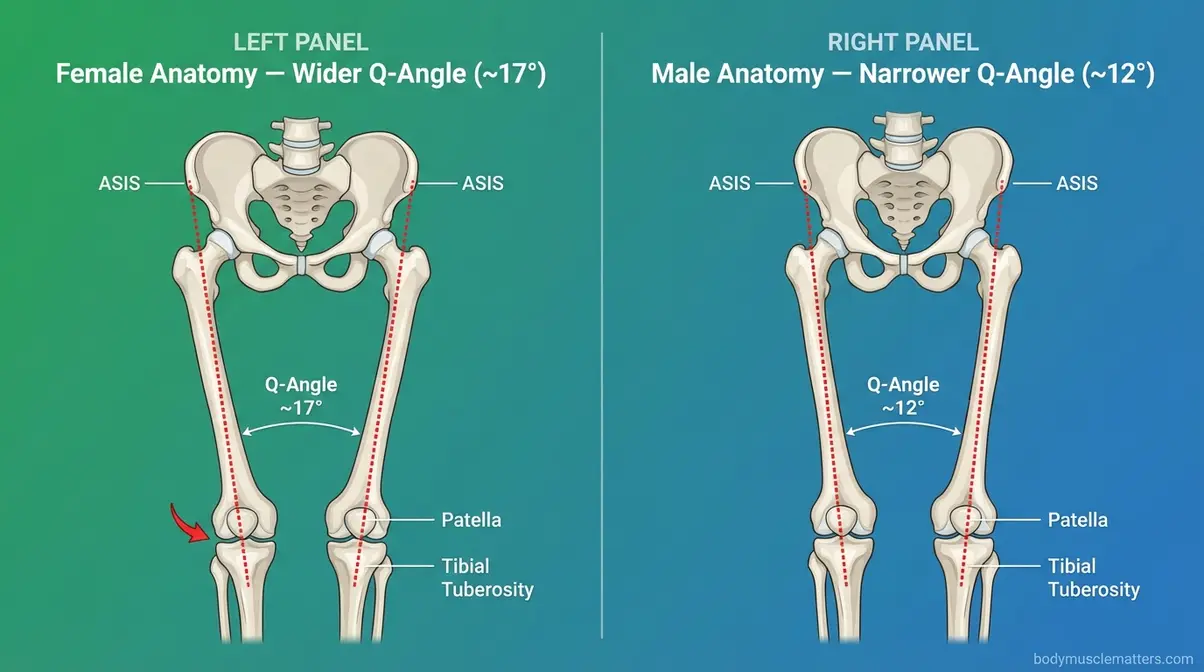Anatomical diagram comparing Q-angle in female and male lower limb structure showing how wider hips influence knee tracking