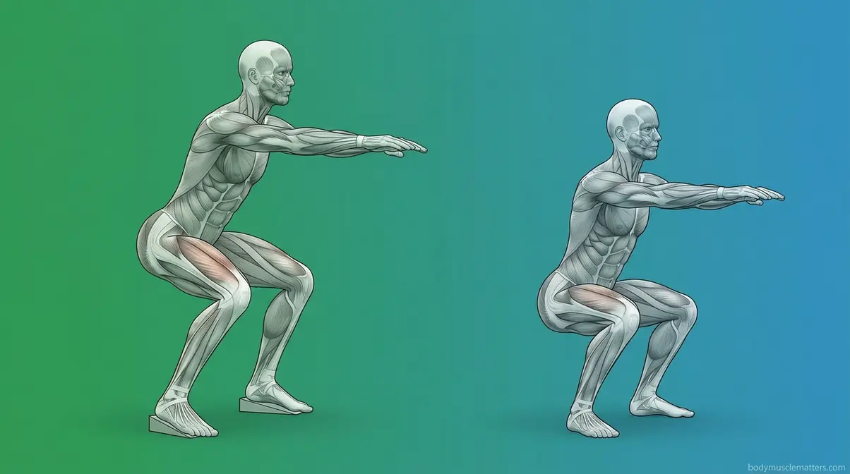 Squat body type adjustments showing different stance widths for long and short femur proportions