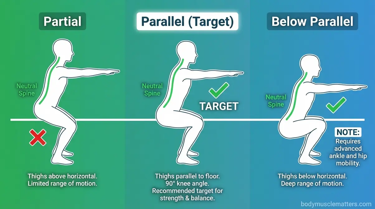 Three-panel diagram showing bodyweight squat at partial depth, parallel, and full depth with neutral spine