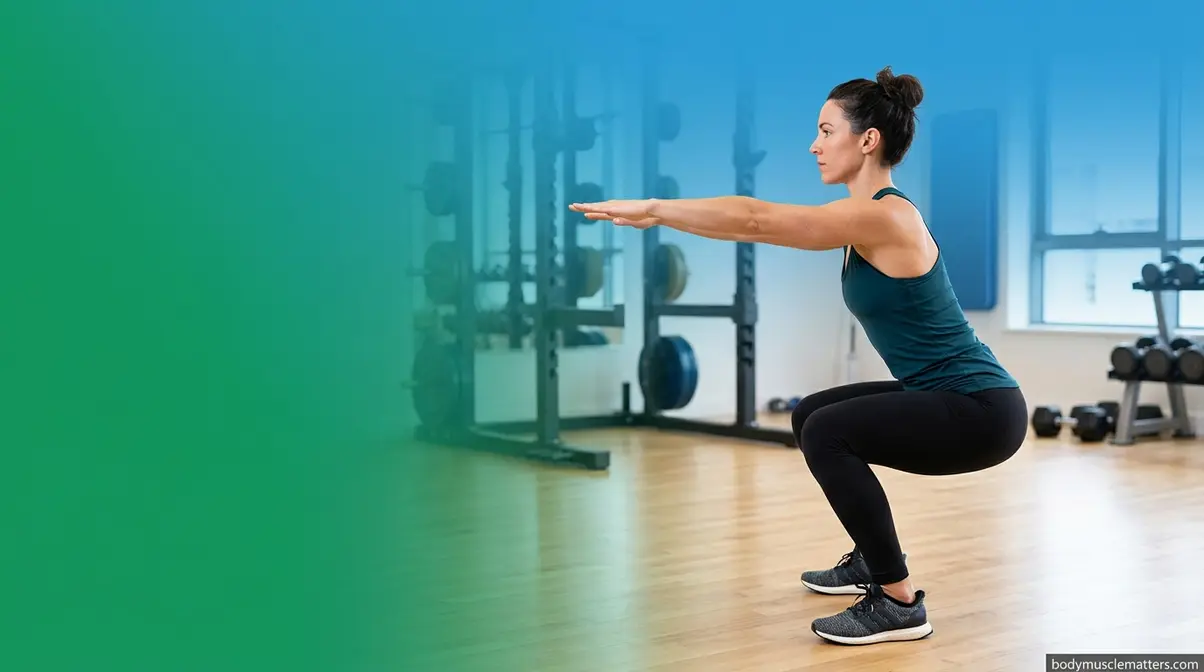 Person performing proper squat form step-by-step with correct knee and spine alignment