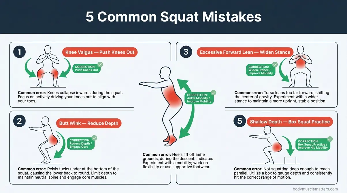 Infographic of five common squat mistakes with red error zones and green correction cues