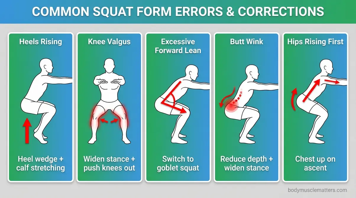 Five-panel diagram showing five most common squat form errors and their corrections including proper squat form reference