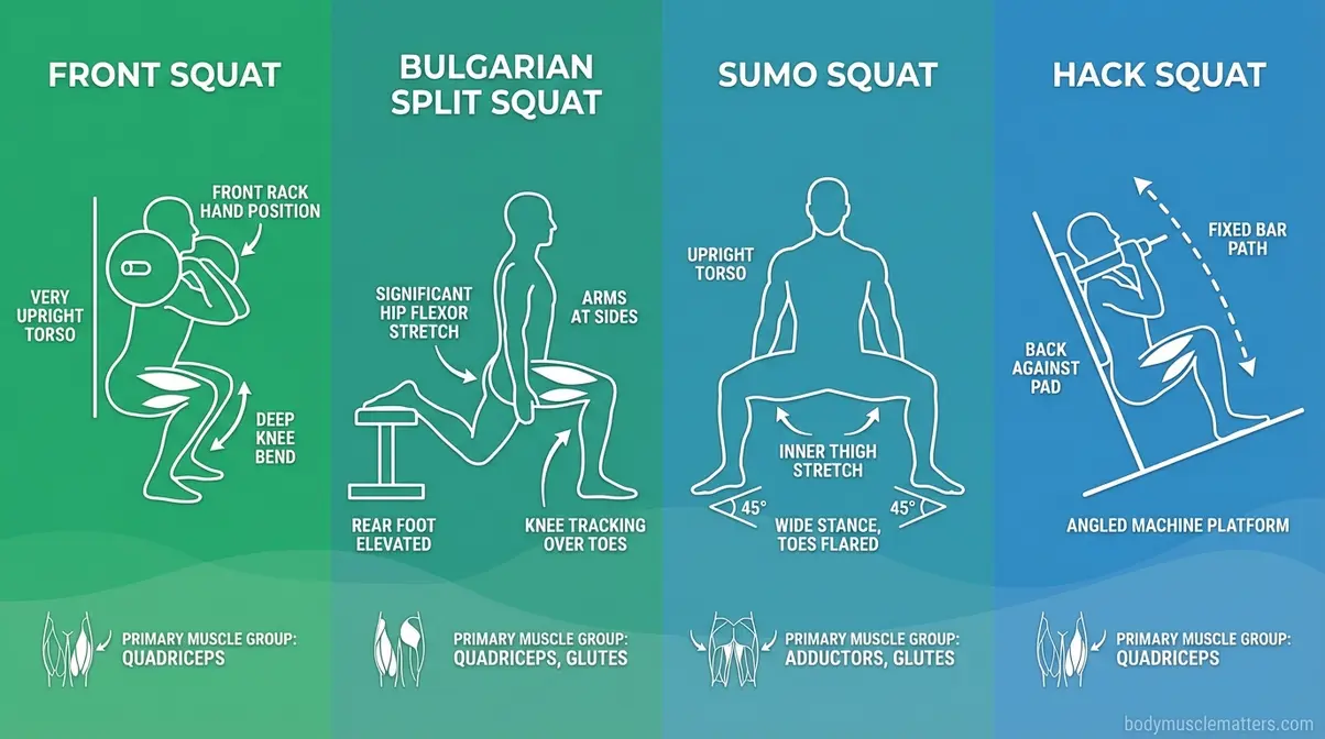 Four-panel side-profile diagram comparing front squat Bulgarian split squat sumo squat and hack squat proper form positions