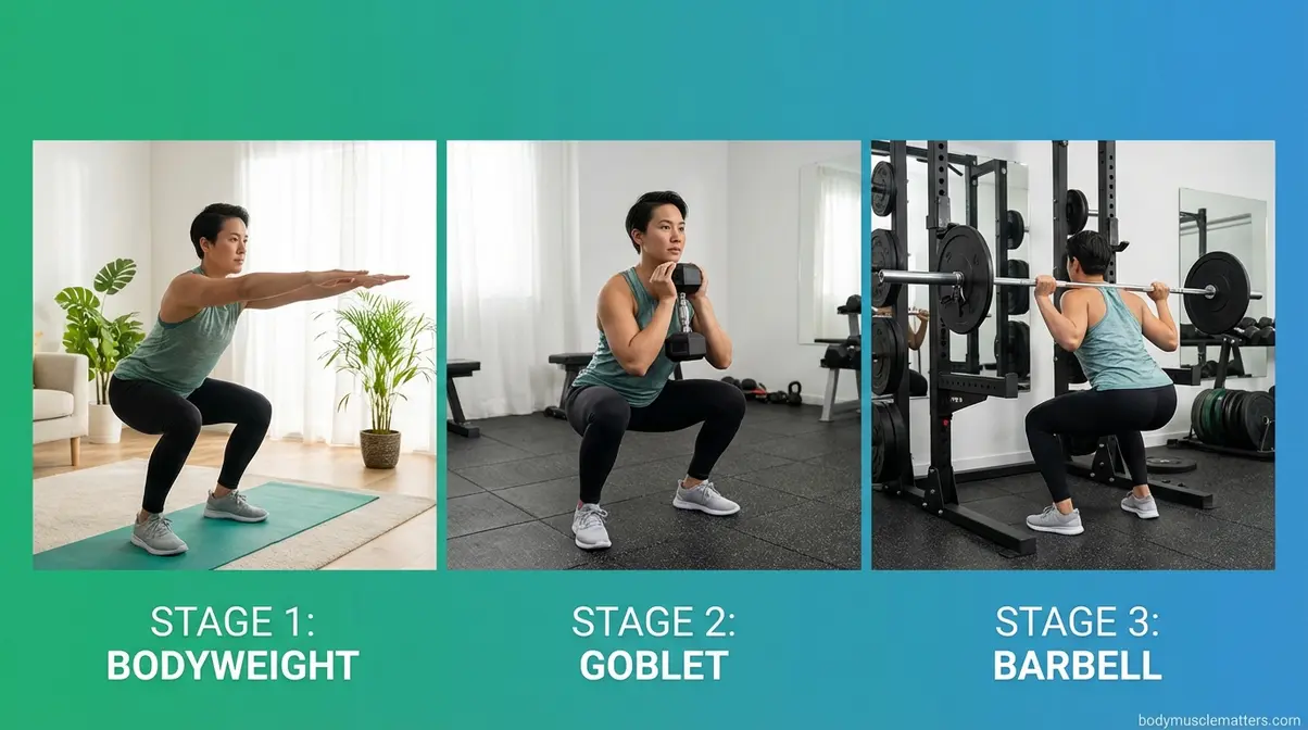 Three-stage weighted squat progression showing bodyweight goblet squat and barbell squat technique side by side
