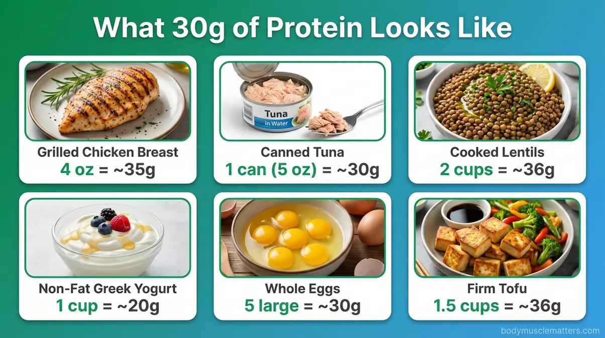Visual comparison showing 30 grams of protein in chicken breast, lentils, Greek yogurt, and eggs for weight loss meal planning