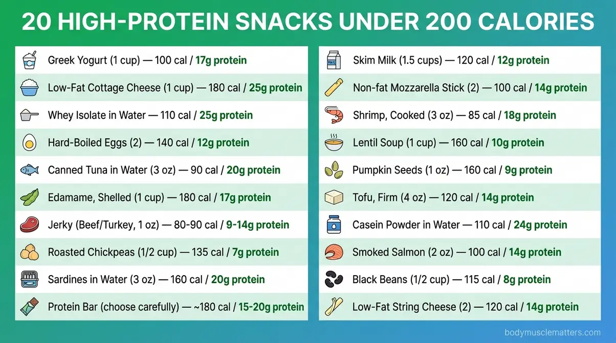 Cheat sheet listing 20 high-protein snacks under 200 calories for weight loss with protein grams per serving