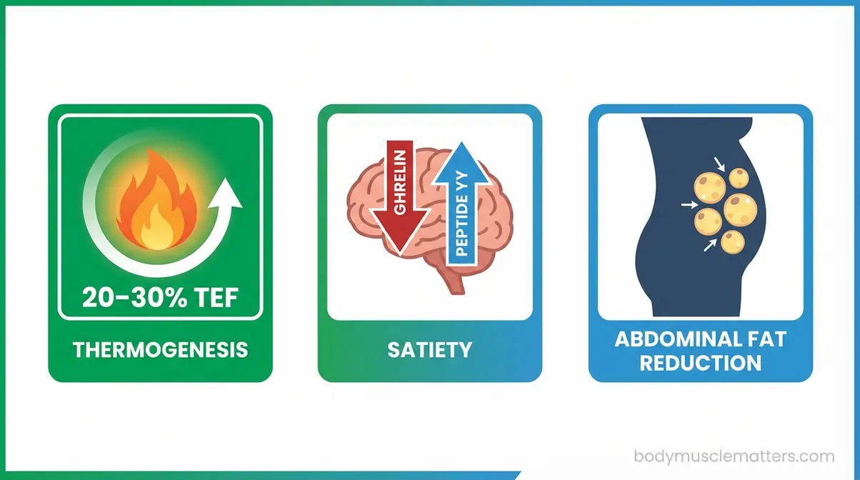 Three mechanisms showing how protein boosts fat loss through thermogenesis, hunger hormones, and belly fat reduction