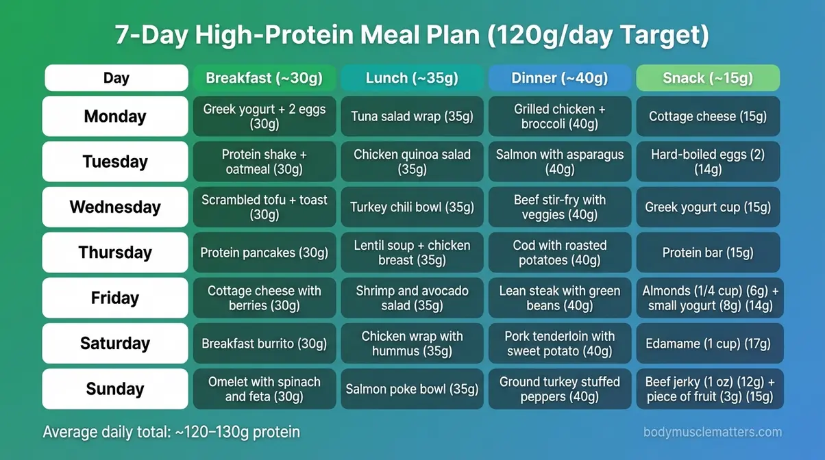Weekly meal plan calendar showing seven days of protein intake for weight loss with breakfast lunch dinner and snack targets