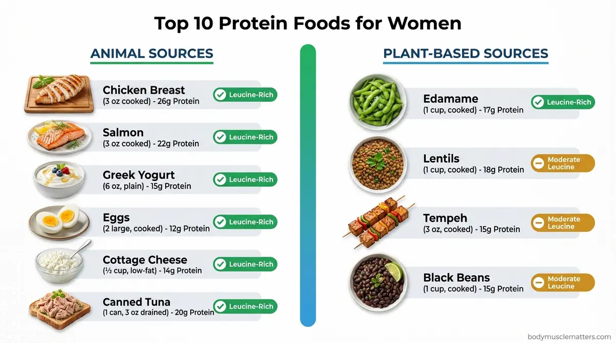 High protein foods for women chart comparing grams per serving for animal and plant-based sources