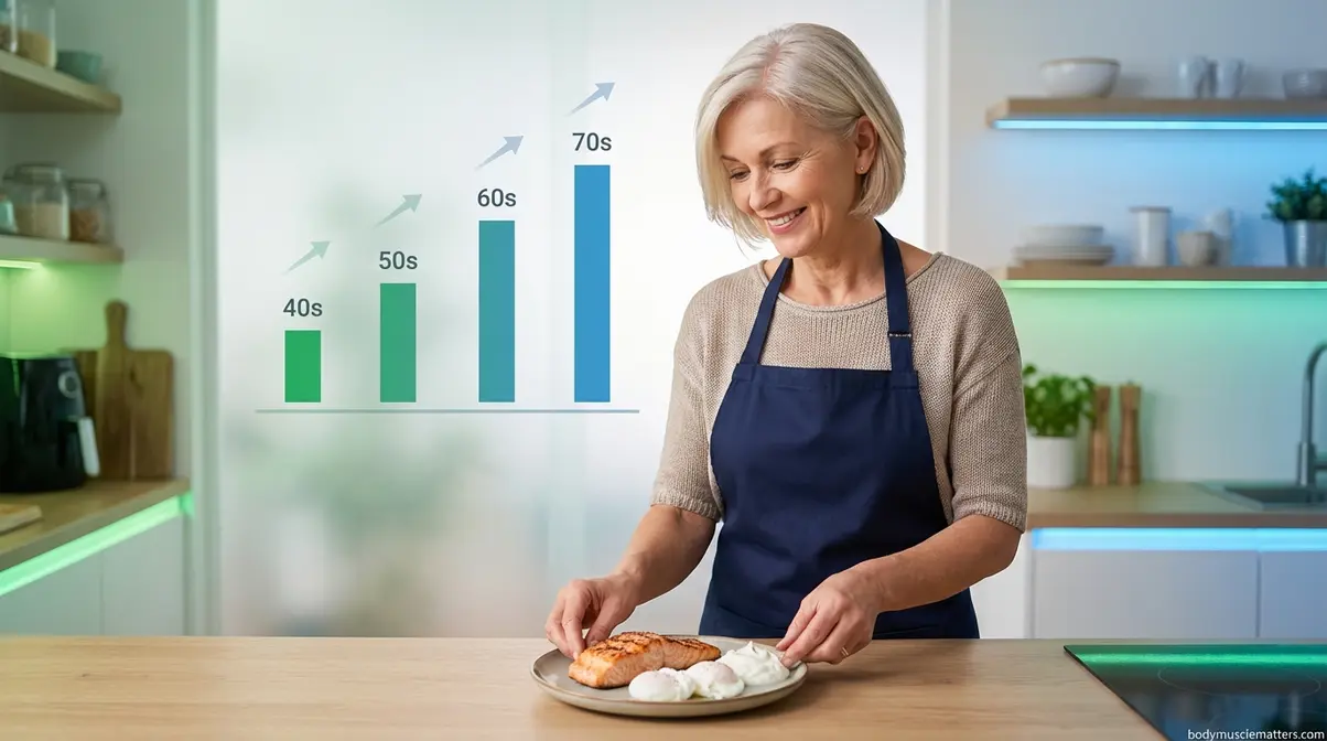 Woman over 40 preparing high protein meal with salmon Greek yogurt and eggs for muscle health