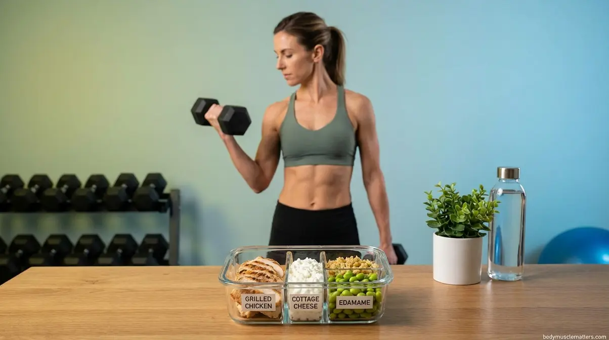 Woman building lean muscle with dumbbell exercise alongside high protein meal prep container