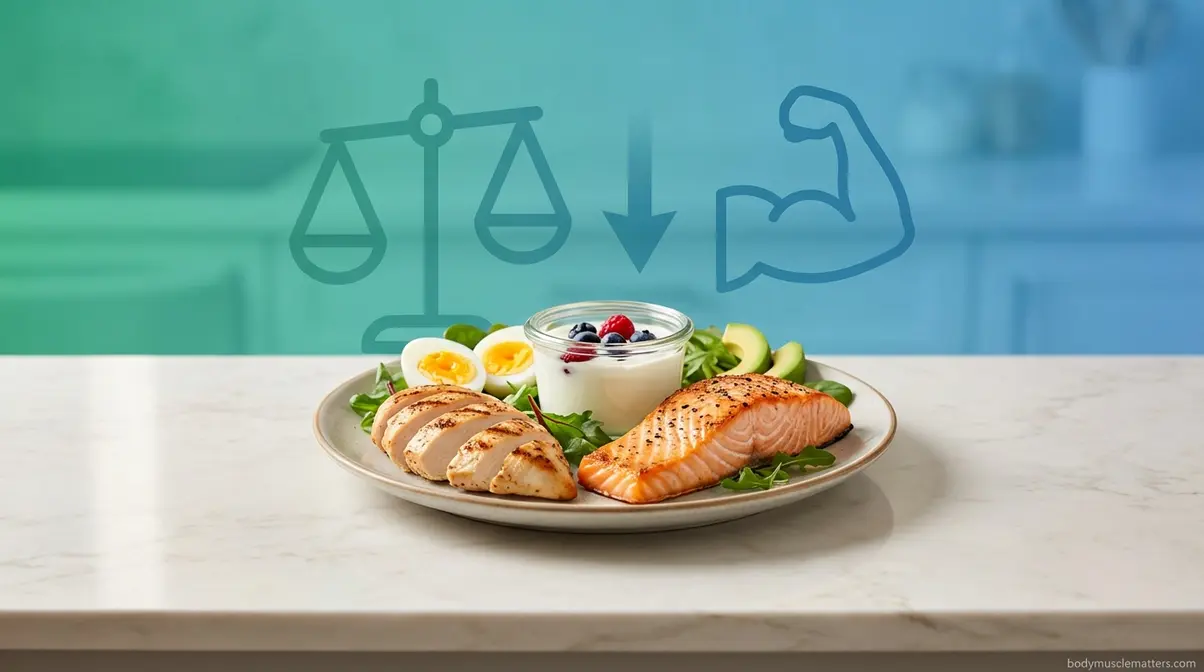 High protein meal for women's weight loss showing chicken salmon yogurt and eggs on a plate
