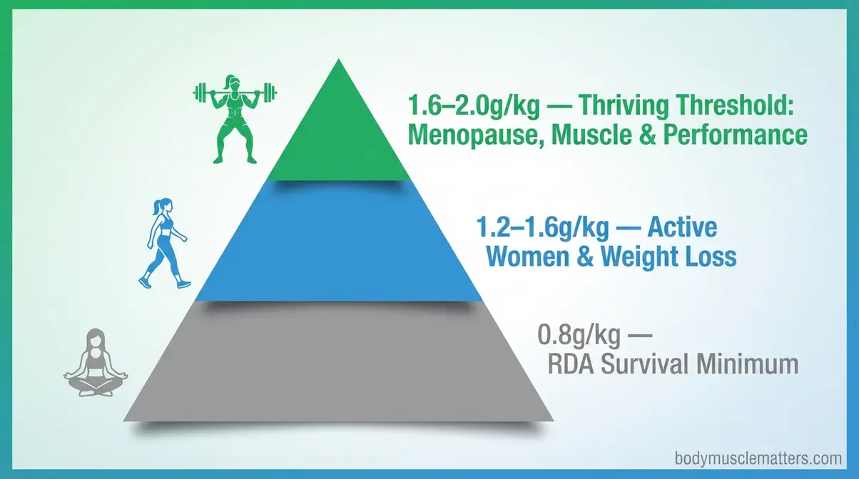 Protein intake for women RDA versus optimal pyramid showing three evidence-based tiers