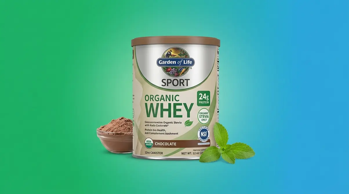Garden of Life Sport Organic Whey protein canister with organic stevia sweetener and NSF Sport certification