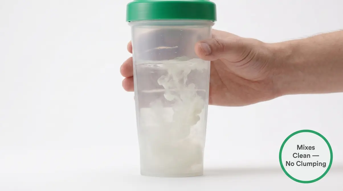Unflavored whey protein powder mixing smoothly into water in a clear shaker bottle without clumping
