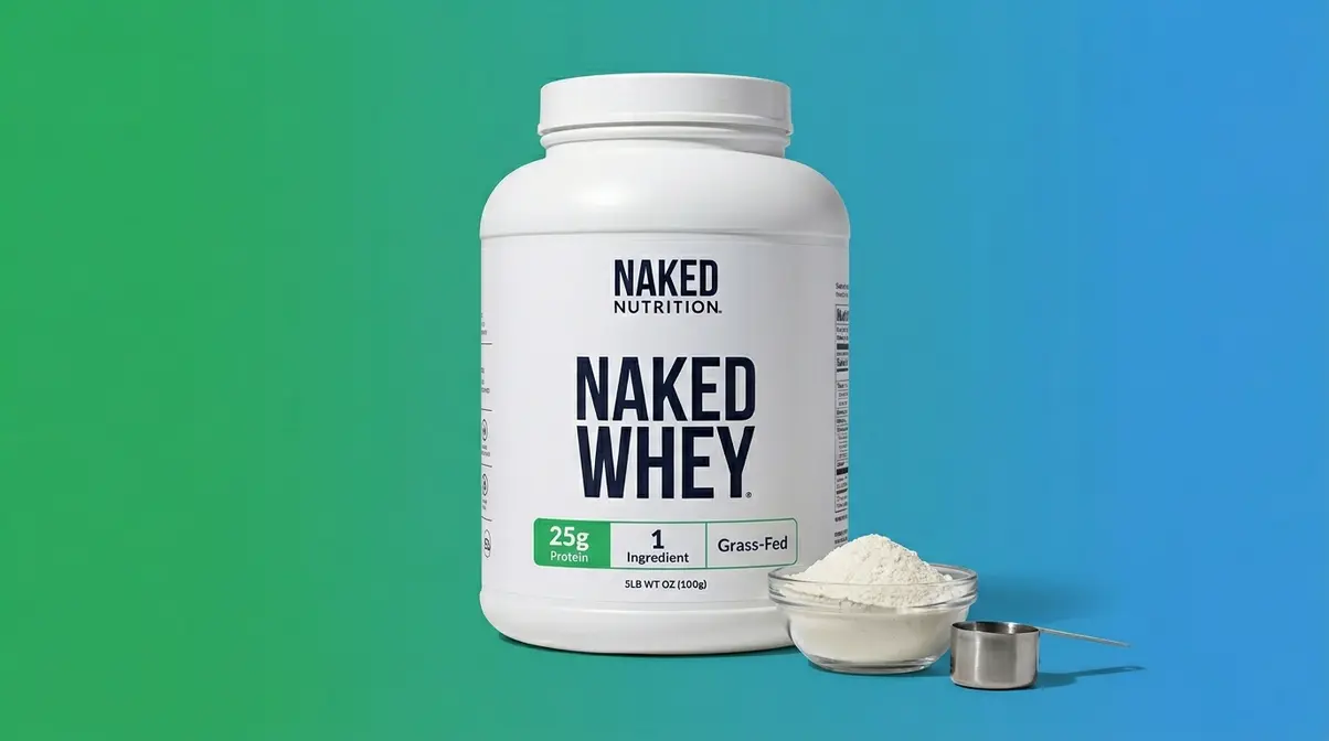 Naked Nutrition Naked Whey protein powder tub with one ingredient and 25g protein per serving