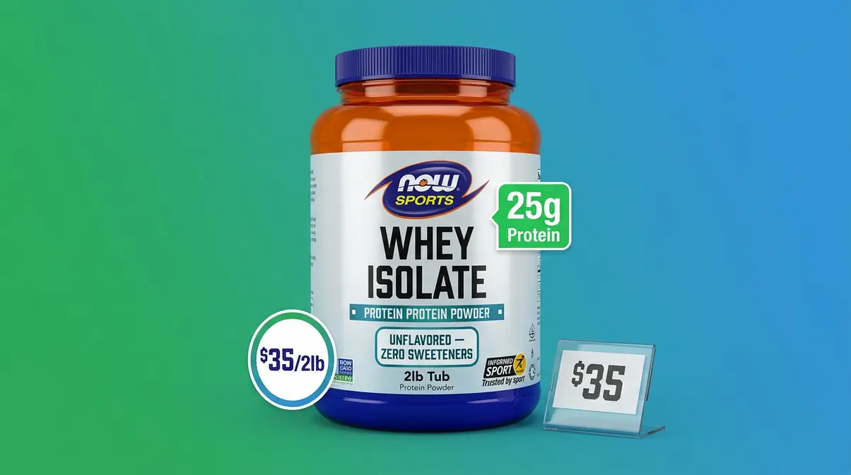 NOW Sports Whey Isolate protein powder tub unflavored with Informed Sport certification at budget price