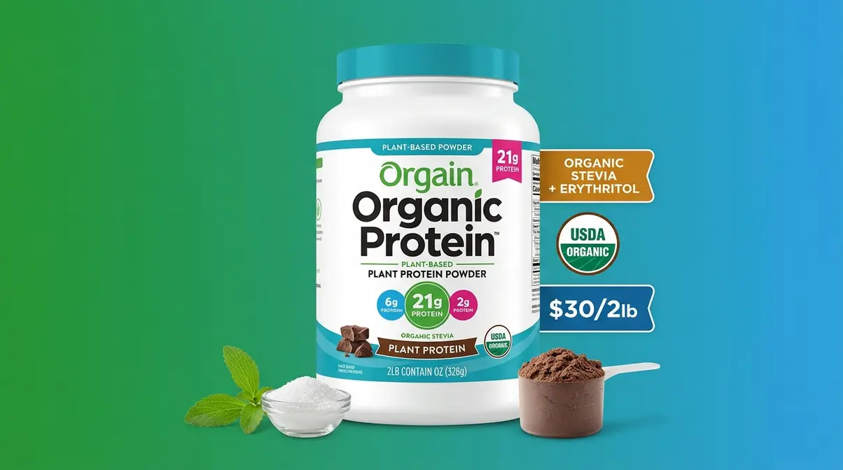 Orgain Organic Protein plant-based powder container with USDA Organic certification and natural stevia sweetener