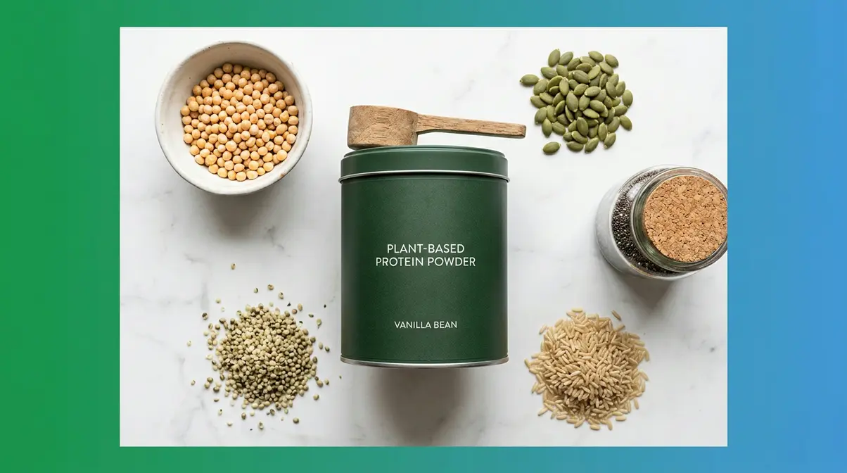 Plant-based protein powder canister surrounded by pea, hemp, and chia seed ingredients on green gradient background