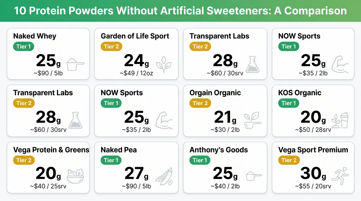 Comparison chart of best protein powder without artificial sweeteners showing sweetener tier, protein content, and price for 10 products